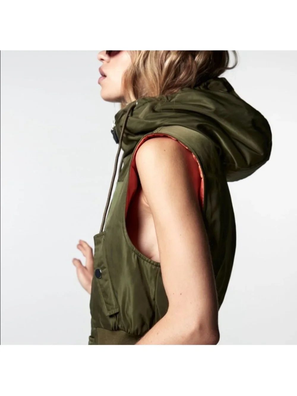 Zara Cropped Hooded Vest Womens Size Large Green Full Zip High Neck Snap Pockets